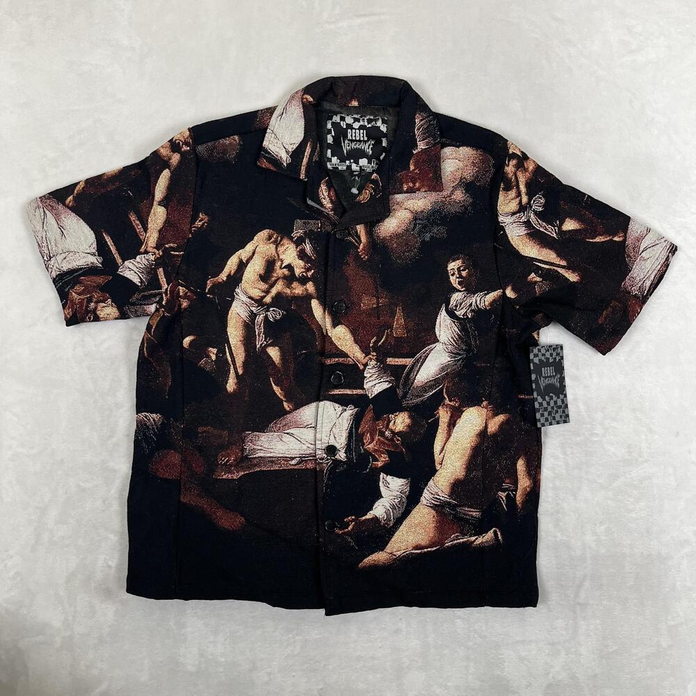 Rebel Vengeance Tapestry Shirt Mens Medium Black Art Short Sleeve Button Front